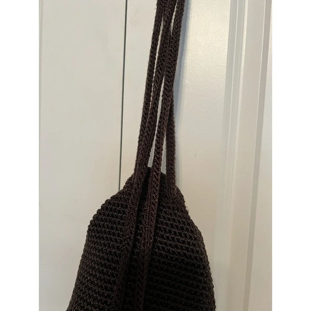 The Sak  Small Crocheted‎ Bucket Purse Drawstring Backpack Boho Bag Dark Brown